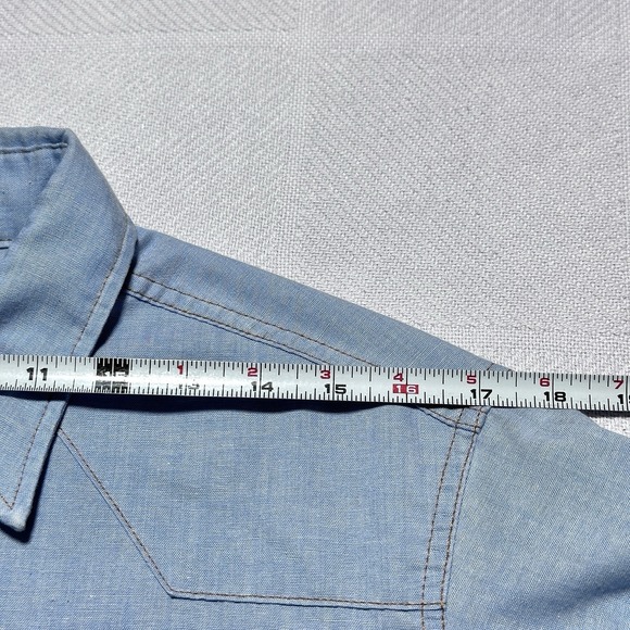 Vintage 80s Wrangler Pearl Snap Shirt Mens 15.5-32 Chambray Western Flap Pocket - Picture 9 of 11